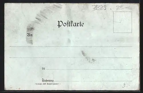 Lithographie Obertürkheim, Ortsansicht mit Flusspartie, Steinturm