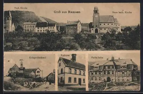 AK Ramsen, Neue kath. Kirche, Kriegerdenkmal, Rathaus, Ferienheim