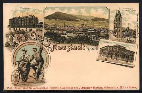 Lithographie Neustadt a. d. Haardt, Gymnasium, Marktplatz mit protest. Kirche, Saalbau, Panorama
