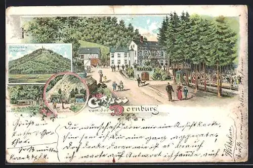 Lithographie Dornburg / Westerw., Gasthaus mit Besuchern, Eisstollen, Blasiusberg mit Kapelle