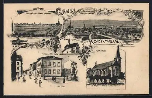 AK Hochheim am Main, Restaurant Hochheimer Weisntube, Kath. Kirche, Altes Rathaus