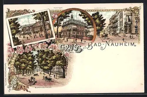 Lithographie Bad-Nauheim, Badehäuser, Postamt, Bahnhofstrasse und Kurstrasse