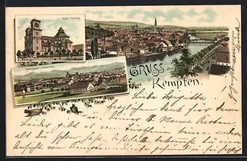 Lithographie Kempten / Allgäu, Kath. Kirche, Panorama zum Lotterberg