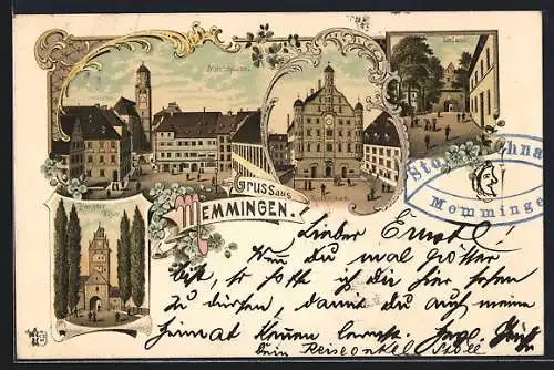 Lithographie Memmingen, Marktplatz, Rathaus, Einlass, Kempter Thor