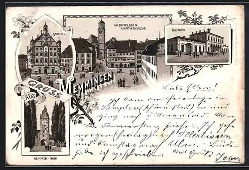 Vorläufer-Lithographie Memmingen, 1894, Bahnhof, Marktplatz und Martinskirche, Rathaus und Kempter Tor