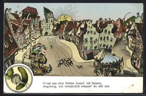 Wirtshaus-AK Augsburg, Strasse aus der Sicht eines Betrunkenen, G`rad aus dem Stötter komm` ich heraus...