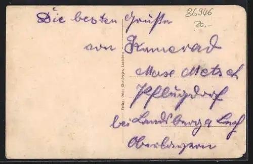 AK Pflugdorf, Schulhaus, Gastwirtschaft mit Dorfpartie & Handlung von Xaver Müller