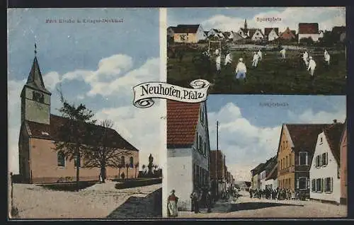 AK Neuhofen /Pfalz, Sportplatz, Protest. Kirche und Hauptstrasse