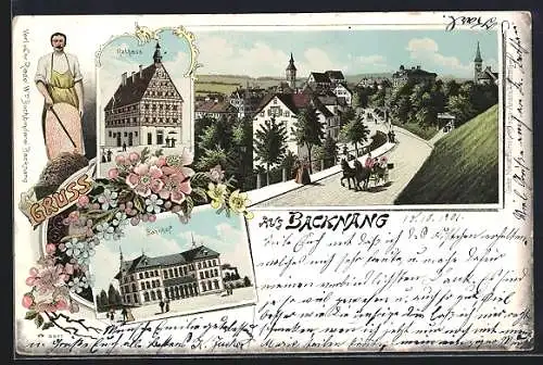 Lithographie Backnang, Bahnhof, Rathaus und Strassenpartie