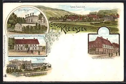 Lithographie Kreiensen, Gasthaus z. weissen Ross, Inh. Friedrich Weiberg, Hotel Maigatter, Bahnhof und Geschäft von Fr.