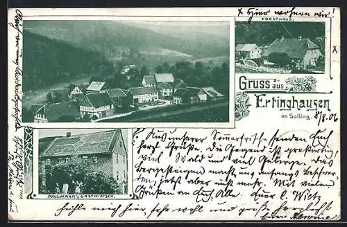 AK Ertinghausen im Solling, Paulmann`s Gasthaus, Forsthaus und Totalansicht