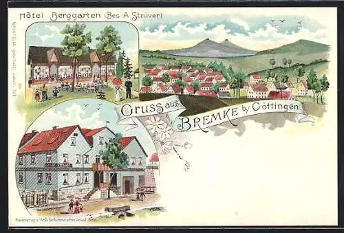 Lithographie Bremke / Göttingen, Hotel Berggarten, Gasthof A. Strüver, Teilansicht