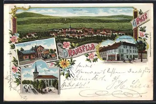 Lithographie Dransfeld, Bahnhof, Brauns Geschäft und Kirche, Totalansicht