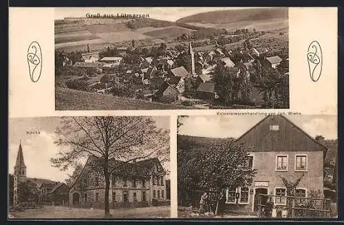 AK Lütmarsen, Kolonialwarenhandlung von Jo. Wiehe, Kirche und Totalansicht