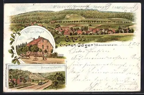 Lithographie Gandersheim, Gasthaus Grüner Jäger, Bahneinschnitt und Totalansicht