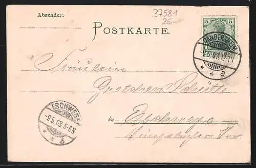Lithographie Gandersheim, Gasthaus Grüner Jäger, Bahneinschnitt und Totalansicht