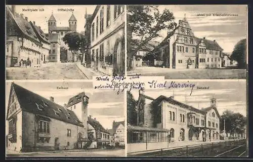 AK Gandersheim, Bahnhof, Rathaus, Abtei mit Elisabethbrunnen und Marktplatz mit Stiftskirche