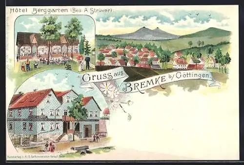 Lithographie Bremke / Göttingen, Hotel Berggarten, Gasthof A. Strüver, Teilansicht