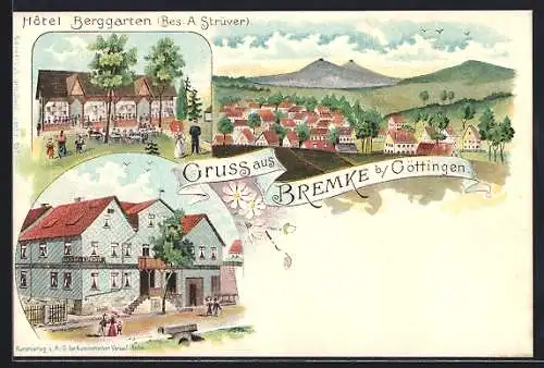 Lithographie Bremke / Göttingen, Hotel Berggarten, Gasthof A. Strüver, Teilansicht