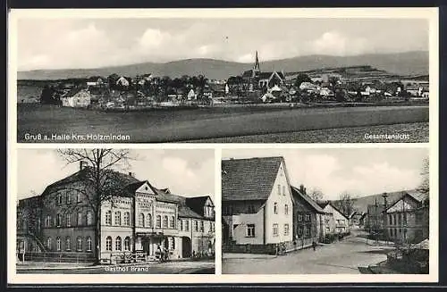 AK Halle / Holzminden, Gesamtansicht, Gasthof Brand, Strassenpartie im Ort