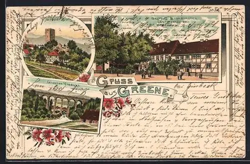 Lithographie Greene, Burg, Gasthof Brandtmüller, Viadukt