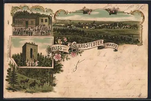 Lithographie Sargstedt, Ortspanorama, Gasthaus Sargstädter Warte mit Turm