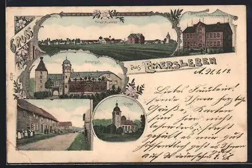 AK Emersleben, Sophien-Krankenhaus, Rittergut, Kirche und Totalansicht