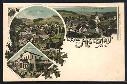 Lithographie Altenau / Harz, Hotel Rammelsberg, Teilansichten v. Schwarzenberg u. v. Rothenberg