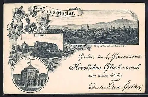 Lithographie Goslar, Paul`s Turm, Kaiserhaus, Gesamtansicht, sehr früher Druck ca. 1893