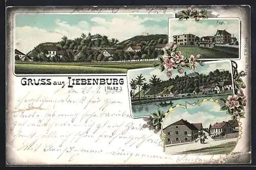 Lithographie Liebenburg, Post, Schloss, Ortsansicht