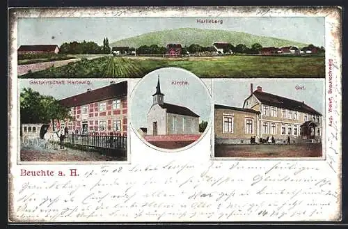 AK Beuchte a. H., Gasthaus Hartewig, Gut, Kirche und Totalansicht