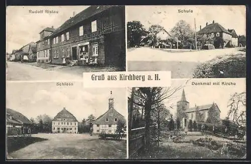 AK Kirchberg / Harz, Geschäft von Rudolf Ristau, Schule, Schloss und Kirche