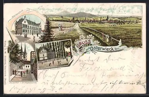 Lithographie Osterwieck / Harz, Mädchenschule, Höhere Privatschule, Schulzentor