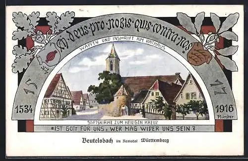 Künstler-AK Beutelsbach im Remstal /Württemberg, Stiftskirche Zum Heiligen Kreuz, Wappen und Inschrift am Rathaus