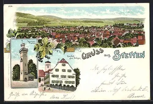 Künstler-AK Stetten / Remstal, Gasthof zum Ochsen, Kernen-Turm, Teilansicht