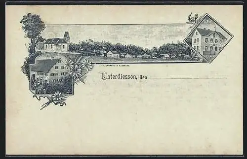 Lithographie Unterdiessen, Pfarrhaus, Post, Panorama