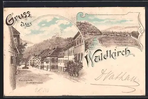 Lithographie Waldkirch / Breisgau, Hauptstrasse, Ortsansicht von Westen