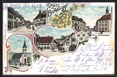 Lithographie Bonndorf / Schwarzwald, Rathaus, Kirche, Strassenpartie im Ortskern