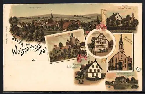 Lithographie Unterweissach, Teilansicht Ebersberg, Althütte, Kirche und Pfarrhaus, Hohnweiler-Lippoldsweiler