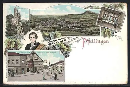Lithographie Pfullingen, Schloss Lichtenstein, Gasthof zur Krone, Kronensaal, Totale des Ortes, Porträt Hauff