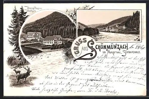 Vorläufer-Lithographie Schönmünzach im Murgthal, 1895, Hotel & Pension Waldhorn