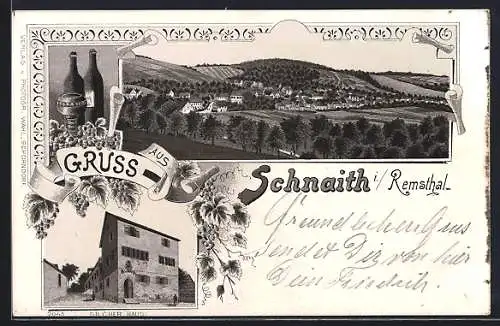 Lithographie Schnaith / Rems, Silcher Haus, Ortsansicht mit Umgebung