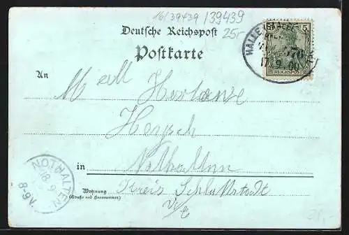 Mondschein-Lithographie Güsten / Anhalt, Bahnhof, Mittel- und Bürgerschule, Post