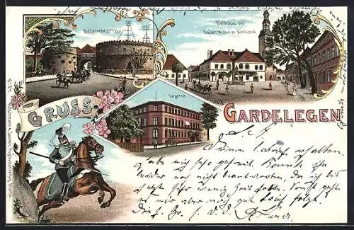 Lithographie Gardelegen, Salzwedeler Tor, Rathaus mit Kaiser Wilhelm-Denkmal, Kaserne