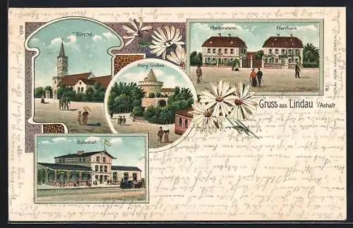 Lithographie Lindau i. Anhalt, Bahnhof, Oberförsterei und Pfarrhaus, Burg Lindau