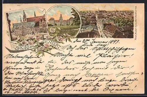 Lithographie Zerbst, Markt mit Rathaus, Schloss, Strassenpartie aus der Vogelschau