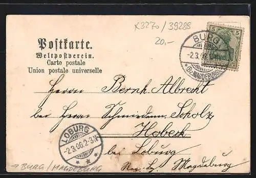 Lithographie Burg / Magdeburg, Exerzierplatz, Victoria-Gymnasium, Breiteweg mit Oberkirche