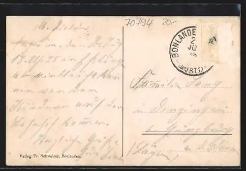 AK Bonlanden / Esslingen, Gasthaus von Friedrich Schweizer, Herd, Ofen und Träger-Lager, Totalansicht