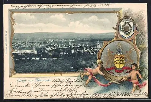 Passepartout-Lithographie Winnenden, Panorama im Wappen-Passepartout