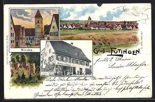 Künstler-AK Eutingen / Württ., Handlung von F. Schaefer, Kirche, Ruine Staufenberg und Totalansicht